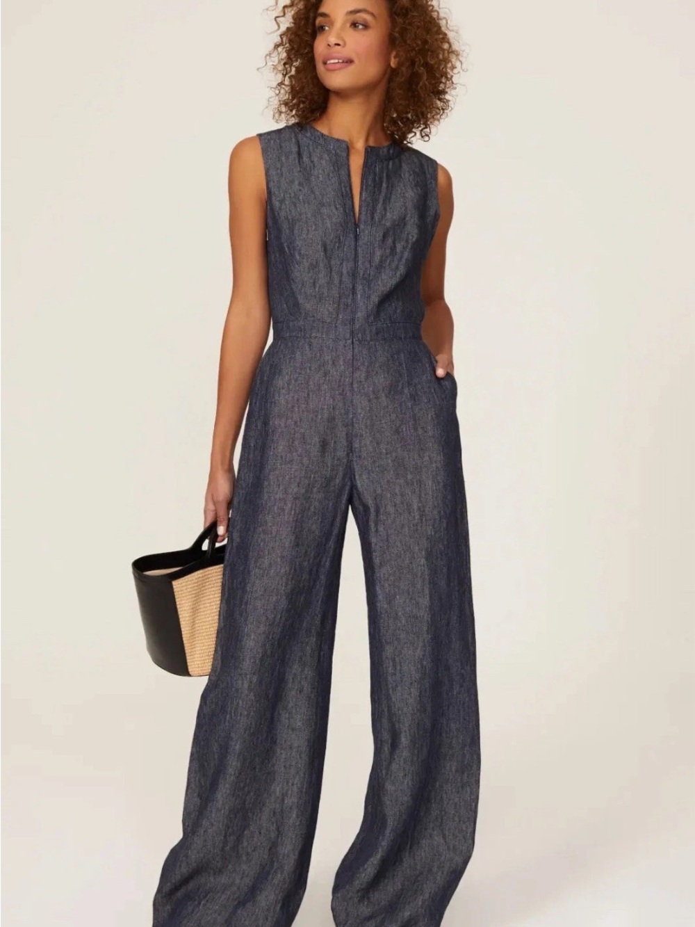 Martin Grant Sleeveless Wide-Leg Jumpsuit in Dark Blue chambray zip front pocket